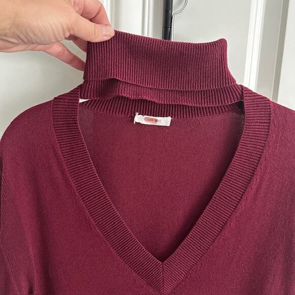 Tome NYC Merino Wool Blend Neck Cut-Out Turtleneck Burgundy Sweater Medium - Picture 7 of 11